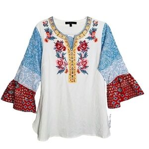 Calessa Womens Small Embroidered Boho Pink Blue Multi Patch Blouse NWT